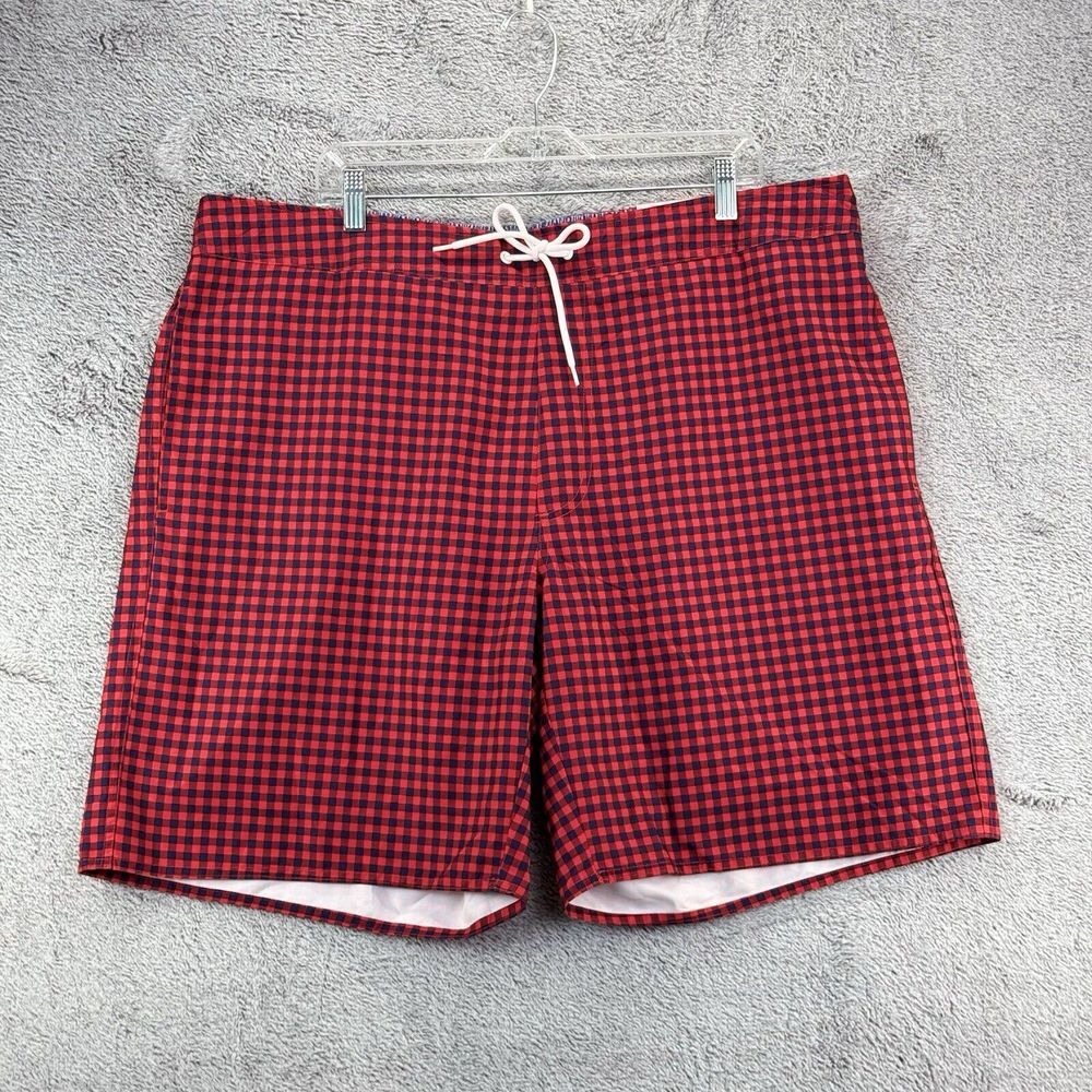 St John's Bay Swim Shorts Red Navy Gingham 11" Inseam Men's Size 2XL Stretch‎